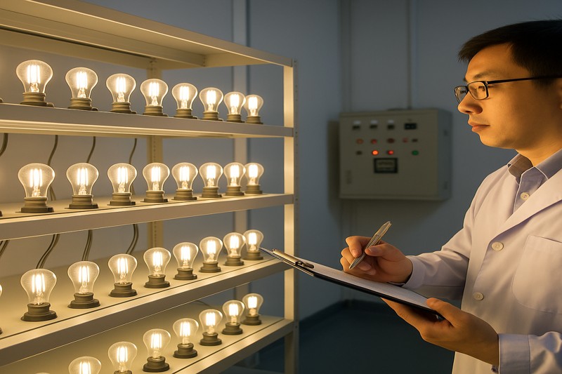 An image of an 'aging rack' in a lab. Hundreds of LED bulbs are lit up in rows, being subjected to a continuous on/off switching cycle test. A technician is observing the rack with a clipboard.