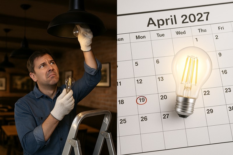 A split image. On the left, a frustrated maintenance worker on a ladder replaces a dead LED bulb in a high-ceiling restaurant. On the right, a calendar shows a date 5 years in the future, with a glowing Hongyu Bulb still shining brightly