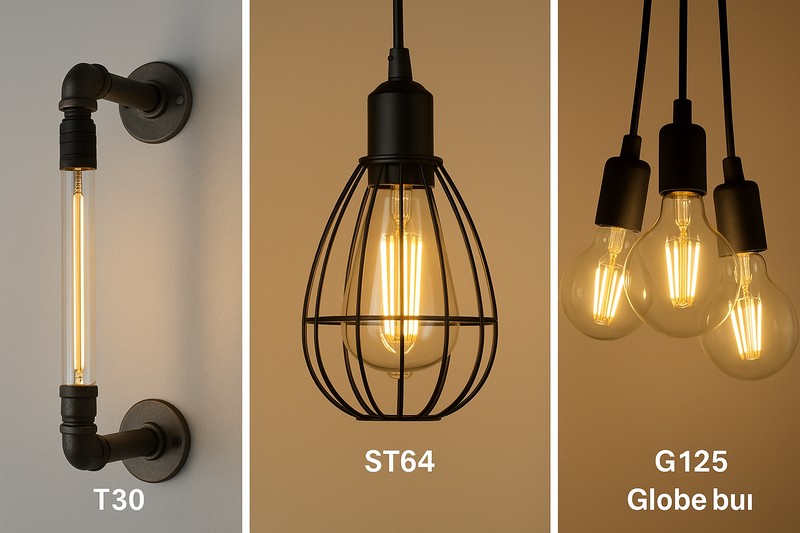 A triptych of images showcasing perfect pairings: 1) A long T30 tube bulb inside a linear pipe-style wall sconce. 2) A classic ST64 teardrop bulb inside a black wire cage pendant. 3) A large G125 globe bulb hanging as a bare-bulb cluster.