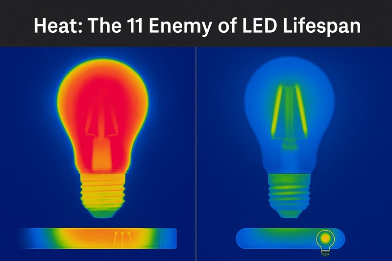 A thermal camera image showing two LED bulbs. The one on the left, a cheap model, is glowing bright red and yellow at its base, indicating extreme heat. The one on the right, a quality bulb, is a cooler blue and green, showing effective heat dissipation.