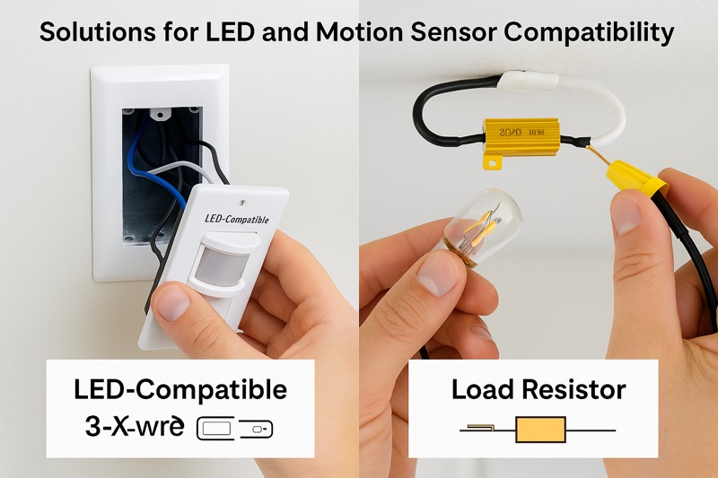 An image showing two solutions. On the left, a hand is installing a new, modern "LED-Compatible" 3-wire motion sensor. On the right, a hand is wiring a small 'load resistor' in parallel with the light fixture.