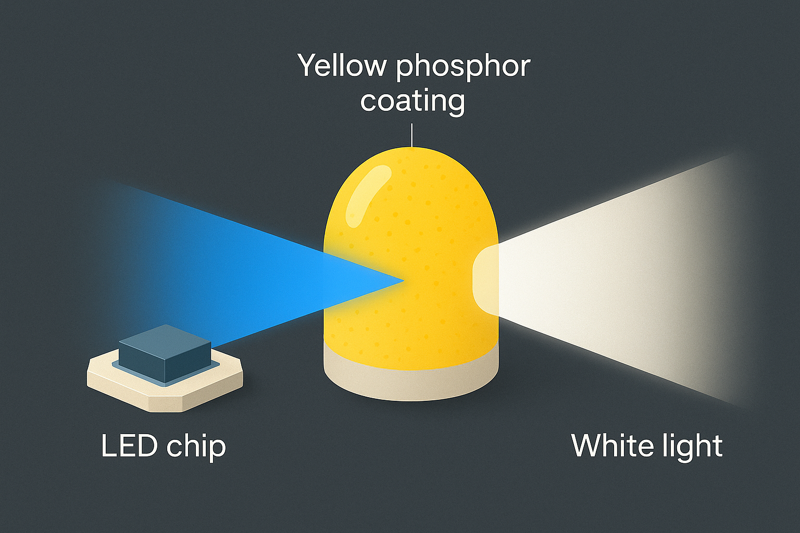 A microscopic view of an LED chip. A beam of blue light is shown emanating from the chip, then passing through a yellow phosphor coating, and finally emerging as white light.