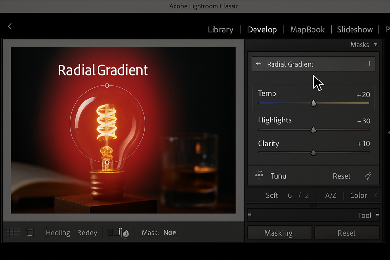 A screen recording screenshot of Adobe Lightroom. The cursor is hovering over a "Radial Gradient" mask placed over the light bulb. The sliders show "Temp +20, Highlights -30, Clarity +10."