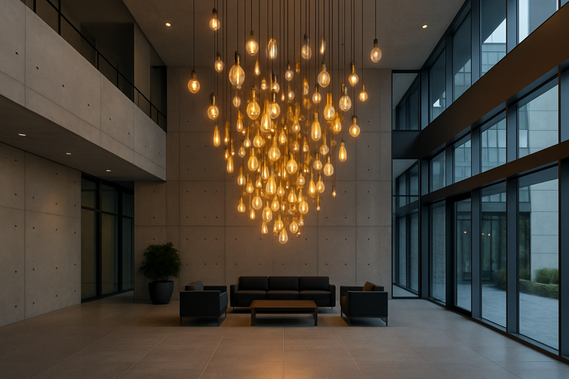 A wide shot of a modern, double-height building lobby with concrete walls and glass facades. A massive, sculptural chandelier made of dozens of differently shaped LED filament bulbs creates a warm, golden centerpiece