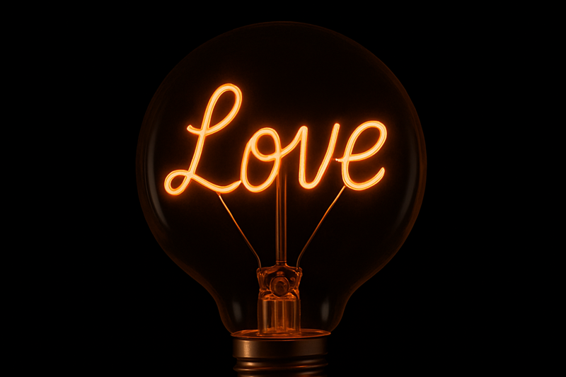 Close-up shot of a large G125 bulb. Inside, the orange glowing filament spells out the word "LOVE" in a cursive script. The background is dark to emphasize the text.
