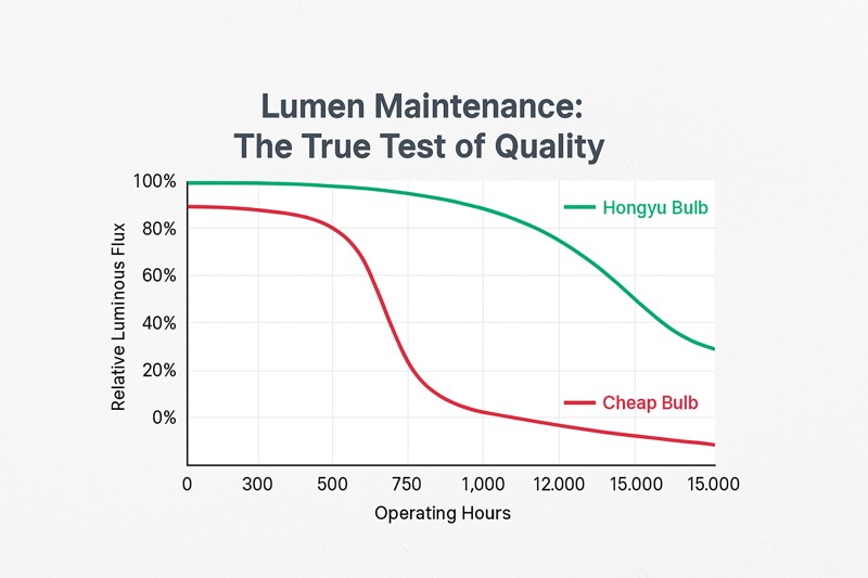 A line graph showing two curves over a 15,000-hour timeline. A top green line, labeled "Hongyu Bulb," shows a very slow, gradual decline in brightness. A bottom red line, "Cheap Bulb," shows a steep, rapid drop in brightness after only a few thousand hours.