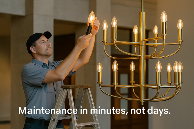 An image of a maintenance worker on a ladder easily unscrewing a filament bulb from a large lobby chandelier. The caption reads: "Maintenance in minutes, not days."