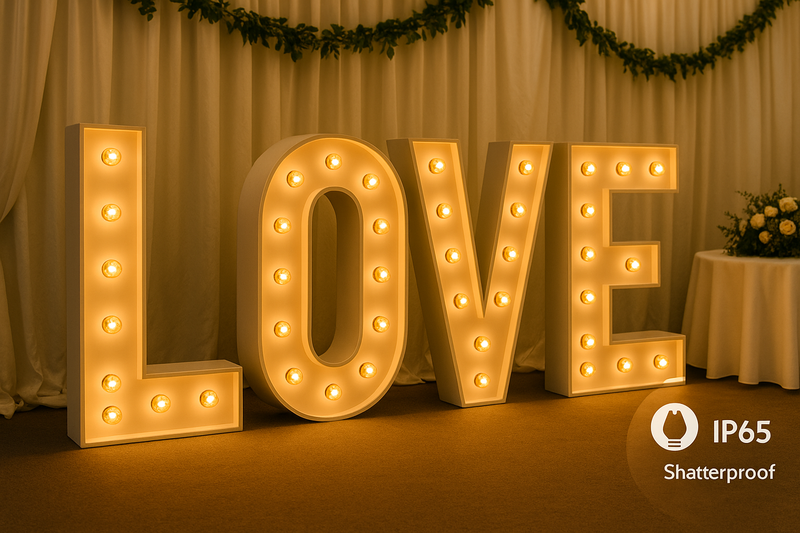 A beautiful wedding setup featuring large, 4-foot tall marquee letters spelling "LOVE". Each letter is filled with warm G45 LED filament globe bulbs, creating a high-impact, premium photo opportunity