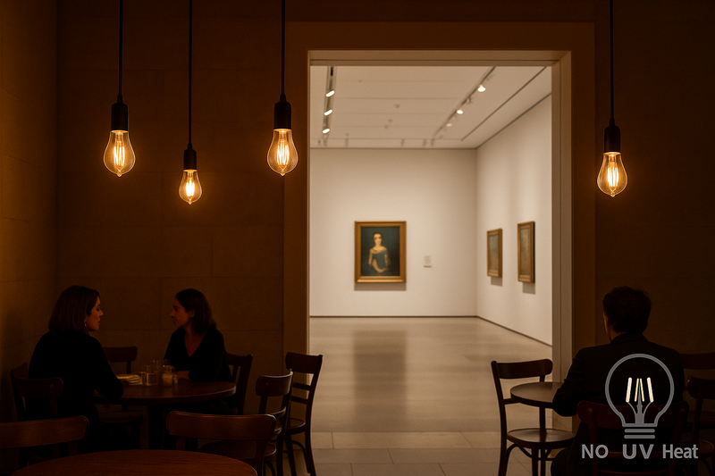 A view from a museum's warm, inviting cafe, which is lit with low-hanging pendants using Edison-style filament bulbs. Through a large doorway, a brightly and neutrally lit gallery is visible, clearly delineating the two different zones and their functions.