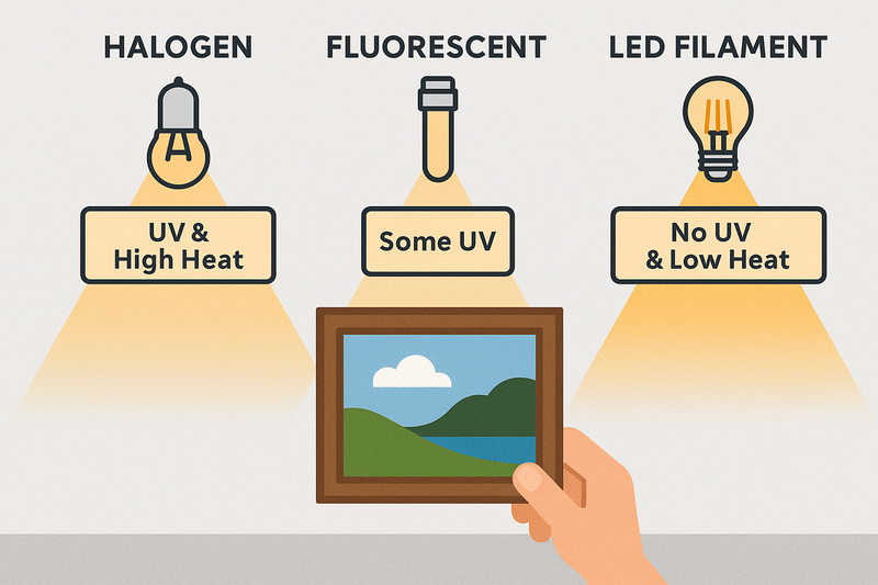 An infographic-style image showing three light beams hitting a painting. One from a Halogen bulb shows 'UV & High Heat'. One from a Fluorescent shows 'Some UV'. One from an LED Filament bulb shows 'No UV & Low Heat'.