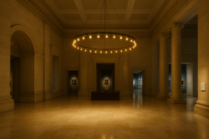 A beautiful museum lobby with high ceilings and marble floors. A large, modern ring chandelier featuring dozens of small G45 LED filament bulbs hangs in the center, creating a warm, golden welcome that contrasts with the cool, focused light visible in the galleries beyond