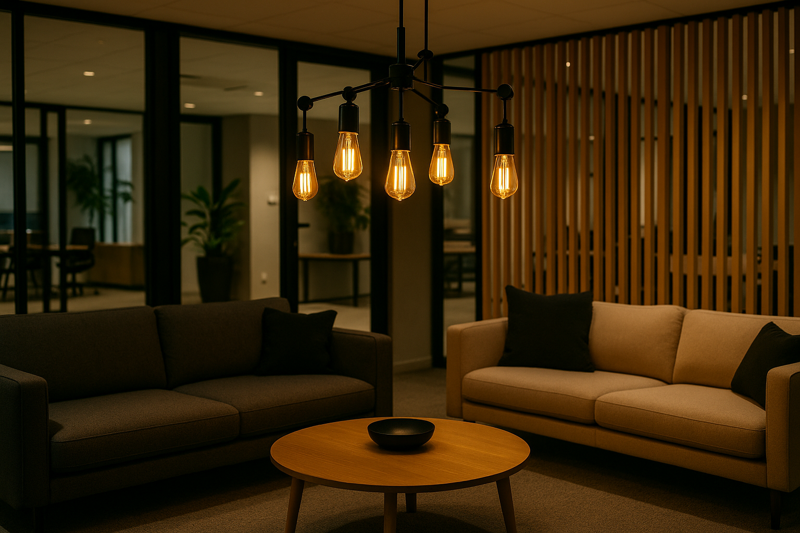A stylish office breakout area with comfortable sofas. A modern, multi-bulb fixture with ST64 LED filaments hangs above, casting a warm, inviting glow that makes it look like a high-end cafe rather than a corporate space.