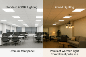 A side-by-side comparison. Left: A standard office with uniform, flat 4000K panel lighting. Right: The same office with zoned lighting, showing pools of warmer light from filament bulbs in a breakout area