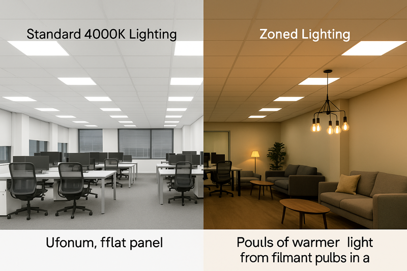 A side-by-side comparison. Left: A standard office with uniform, flat 4000K panel lighting. Right: The same office with zoned lighting, showing pools of warmer light from filament bulbs in a breakout area