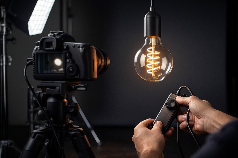 A behind-the-scenes shot of a photography studio setup. A camera is on a tripod pointing at a Hongyu filament bulb. The photographer is holding a remote shutter release in one hand and adjusting a rotary dimmer switch connected to the bulb with the other.