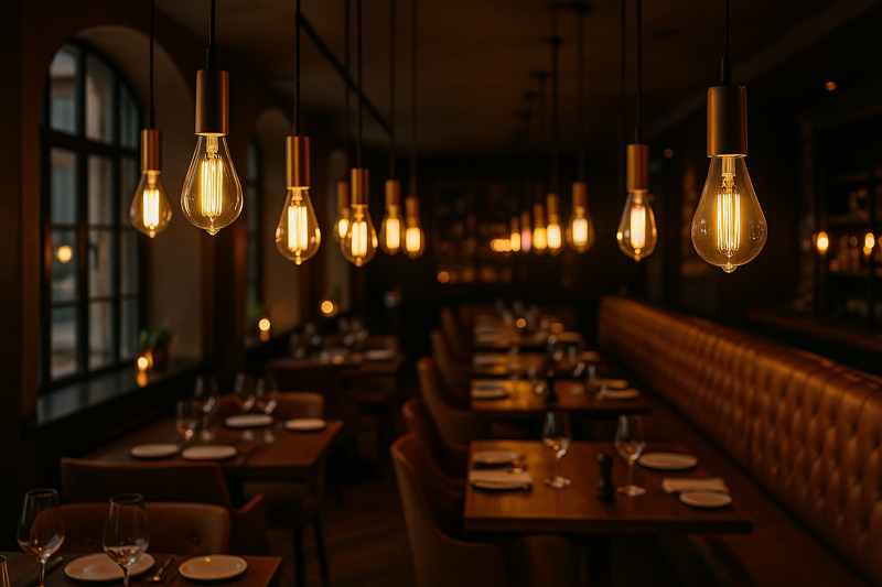 A stunning, high-end restaurant interior where beautiful, exposed LED filament bulbs in pendants are the centerpiece of the decor, casting a warm, inviting glow.