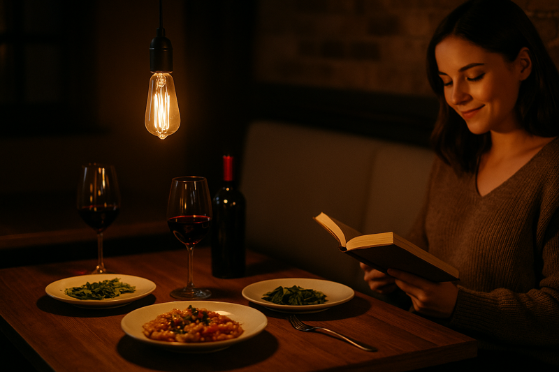 An image of a romantic restaurant table. A pendant with a single, dimmed amber ST64 LED filament bulb hangs above, casting a warm, focused light that makes the food and wine look rich and appetizing.