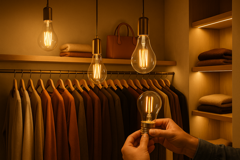 A beautifully lit retail display for clothing. Warm light from strategically placed LED filament bulbs in elegant fixtures makes the fabrics look rich and textured