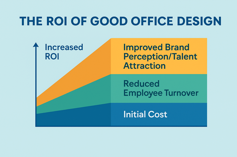 An infographic chart showing the ROI of good office design. The initial cost is offset by "Energy Savings," "Reduced Employee Turnover," and "Improved Brand Perception/Talent Attraction."