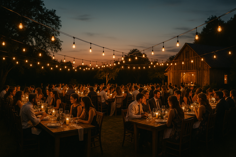 A stunning wide-angle shot of a rustic wedding reception at dusk. Festoon strings of S14 LED filament bulbs are swagged across the open-air venue, casting a magical golden glow over guests dining at long wooden tables.
