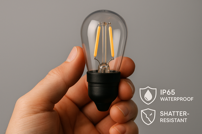 A close-up image showing a hand holding one of our durable S14 plastic filament bulbs. A small "IP65 Waterproof" and "Shatter-Resistant" icon is overlaid in the corner.