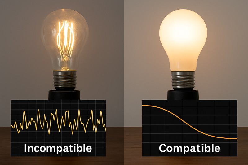 A split-screen image. The left side shows a chaotic, flickering LED bulb with a jagged light graph. The right side shows the same bulb dimming smoothly, with a perfect, clean dimming curve graph underneath
