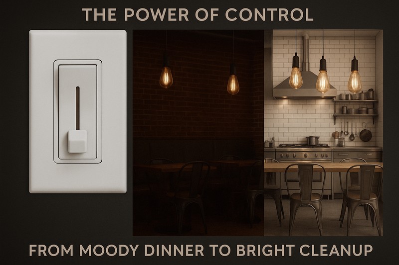 An animation showing a dimmer switch being adjusted. As the dimmer slides up, a moody industrial restaurant scene gets progressively brighter, revealing details and making the space look clean and functional. The reverse happens as it slides down.