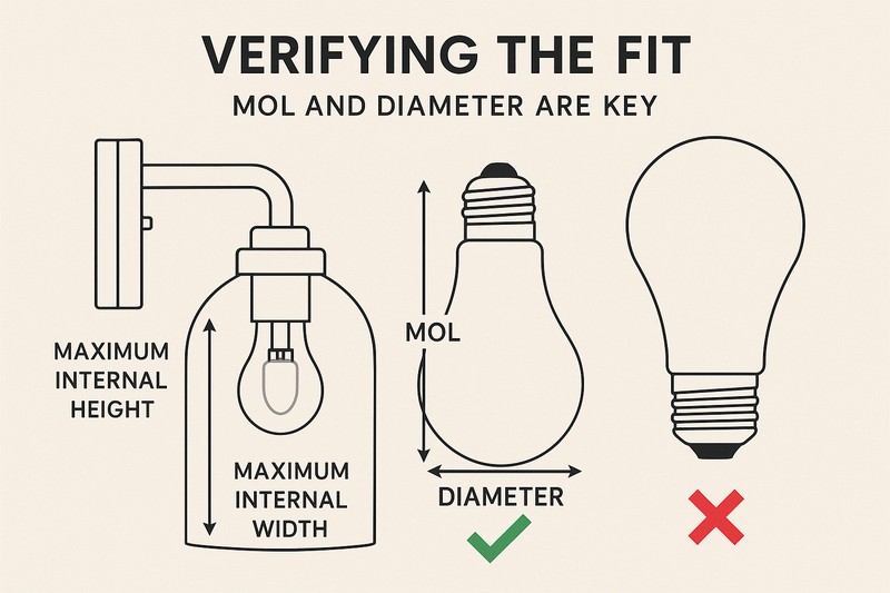 A diagram showing a light fixture (like a wall sconce with a glass cover) with measurement lines indicating the maximum internal height and width. Beside it, a bulb is shown with arrows indicating its MOL and Diameter, with a green checkmark if it fits and a red X if it's too large.
