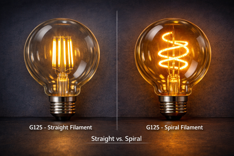 Straight vs. Spiral Comparison photo: A G125 with straight vertical filaments vs a G125 with a flexible spiral filament. The spiral one looks like a glowing art piece.