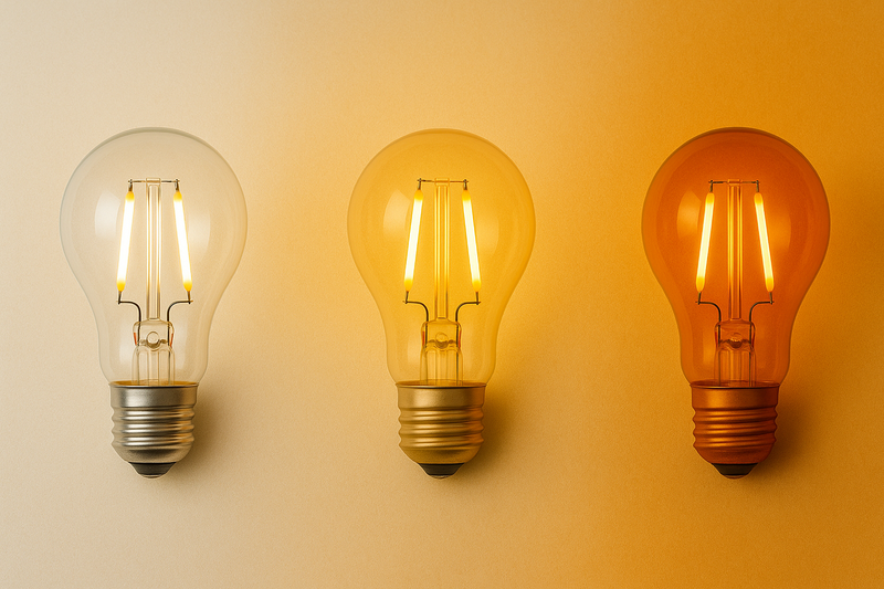 A gradient lineup of three bulbs. Left is clear glass (harsh). Middle is Light Gold (warm). Right is Deep Amber (rich orange). The difference in the 'mood' is obvious.