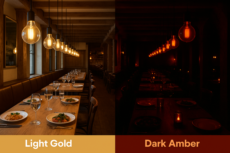 A side-by-side photo of a restaurant interior. One side is lit by Light Gold bulbs, showing the food clearly. The other side is lit by Dark Amber, creating heavy shadows and romance.