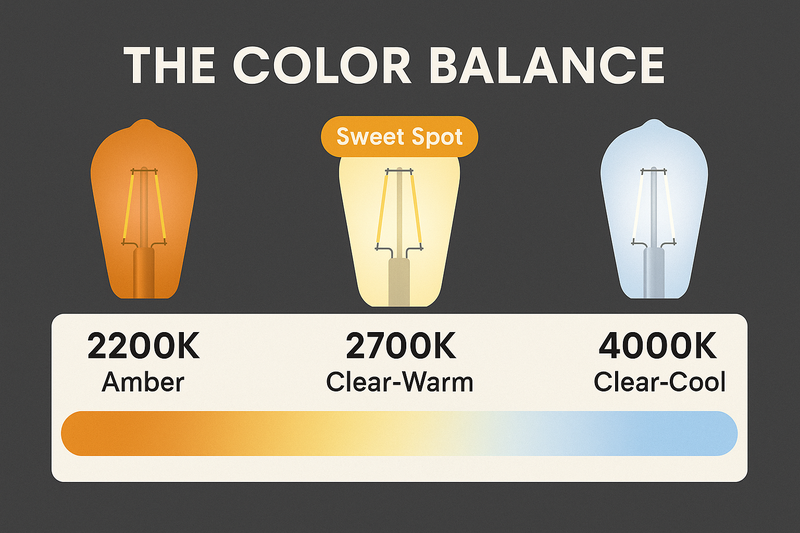 A color temperature scale specifically for filament bulbs. It shows 2200K (Amber), 2700K (Clear-Warm), and 4000K (Clear-Cool). The 2700K is highlighted as the 'Sweet Spot'.