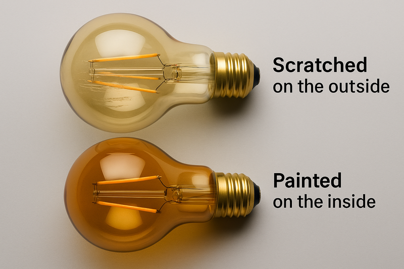 A comparison of two used bulbs. The top one has scratches on the outside, revealing clear glass underneath. The bottom one is pristine because the paint is inside.