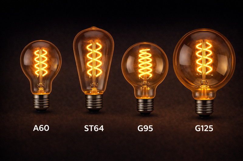 A graphic showing 4 different bulb shapes (A60, ST64, G95, G125) with their ideal spiral filament patterns inside.