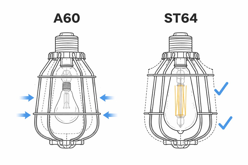 A technical drawing comparing an A60 bulb inside a wire cage vs. an ST64 inside the same cage. The A60 looks lost; the ST64 fills the space perfectly.