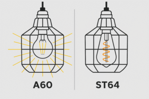 A technical drawing comparison. An A60 bulb inside a wire cage shows the light being blocked by the cage rings. An ST64 bulb inside the same cage shows the filament perfectly centered in the open space