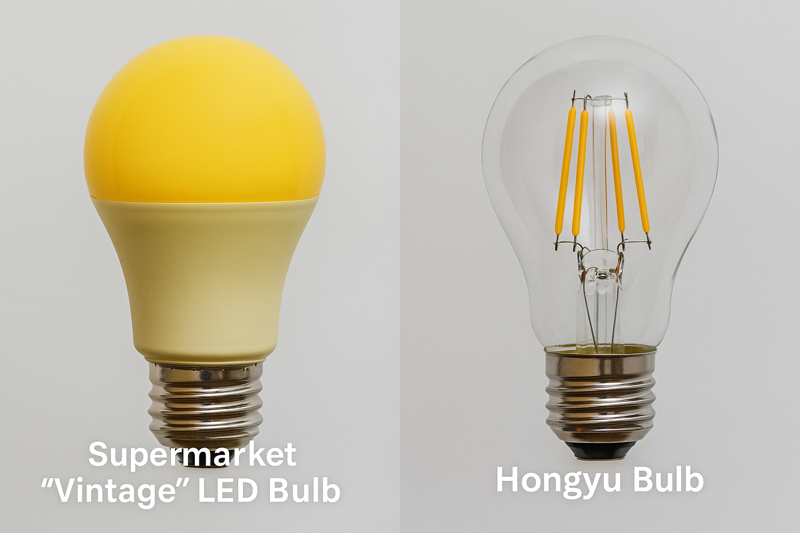 A side-by-side comparison photo. On the left, a cheap "vintage" LED bulb from a supermarket that looks yellow and plastic when off. On the right, a Hongyu Bulb with crystal clear glass and fine filaments that look identical to a 1920s antique.