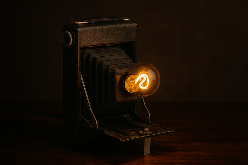 A vintage black folding camera. Where the lens used to be, a small glowing bulb emerges, looking like a camera flash frozen in time.