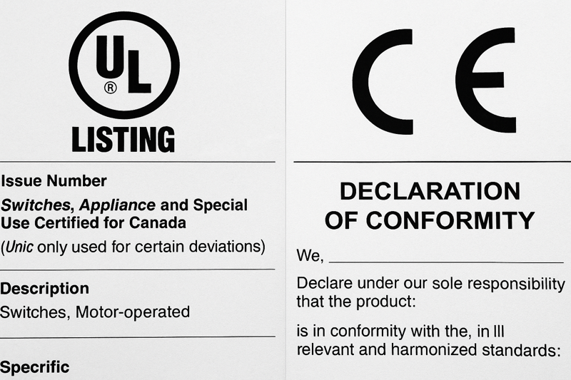 A document scan showing a UL Listing and a CE Declaration of Conformity. The logos are clear and legitimate.
