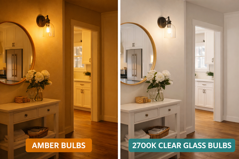 A split image comparison. Left: A white room lit by amber bulbs, making the walls look yellow/brown. Right: The same room lit by clear glass 2700K bulbs, keeping the walls white but the light warm.
