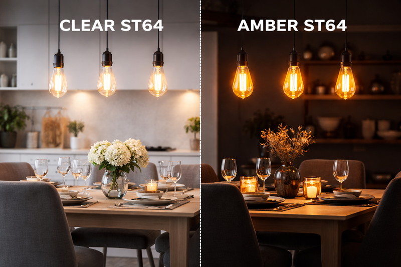 A styled photo of a dining table. Half the room uses Clear ST64s (bright), the other half uses Amber ST64s (moody). The contrast clearly shows the different applications.