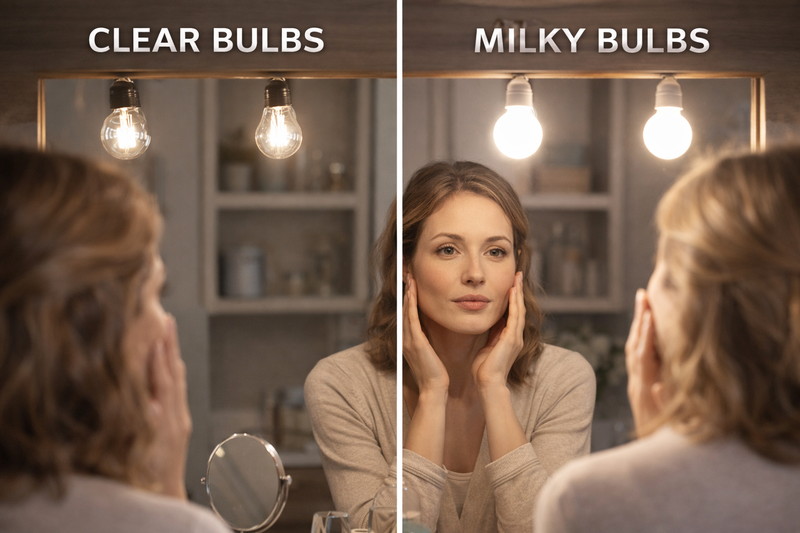 The Vanity Test A split image showing a bathroom vanity. Left side uses Clear bulbs (harsh shadows under eyes). Right side uses Milky bulbs (smooth, even face lighting).
