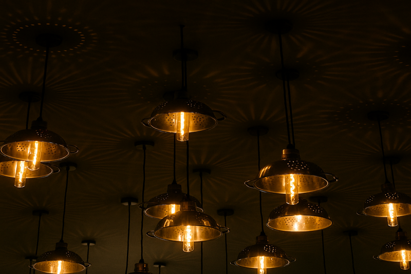 A ceiling filled with metal colanders (pasta strainers) turned upside down. Light beams shoot out of the holes, creating star patterns on the ceiling.