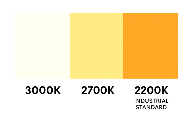 A color temperature scale. 3000K is shown as white/yellow. 2700K is soft yellow. 2200K is rich golden orange, labeled "Industrial Standard."