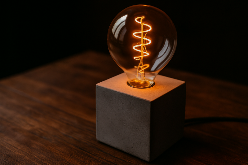 A close-up of a concrete cube lamp on a wooden table. A G125 large globe bulb with a flexible spiral filament sits on top, casting a warm orange reflection on the grey concrete.