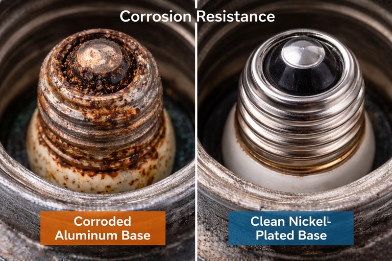 Corrosion Resistance Macro photography of a rusted, corroded aluminum bulb base seized inside a socket, contrasted with a shiny, clean nickel-plated base.