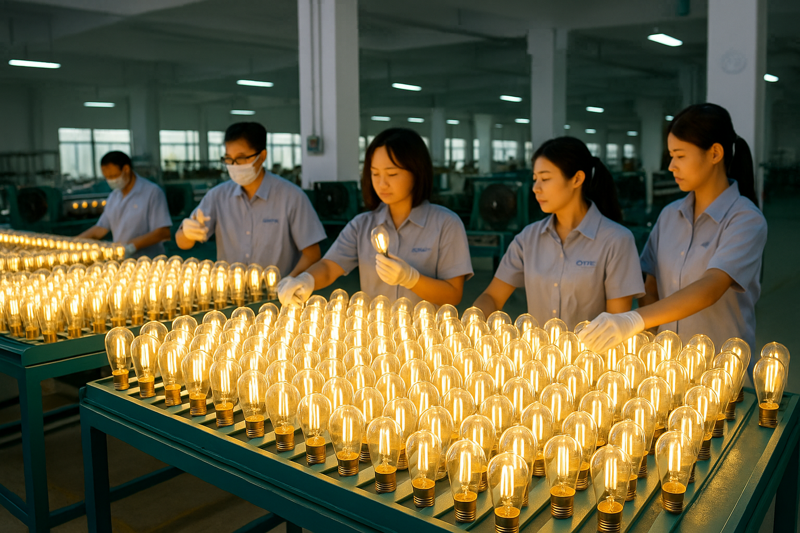 A photo of the Hongyu Bulb factory floor in Dongguan. Workers are inspecting rows of glowing filament bulbs. The scene is clean, organized, and high-tech.