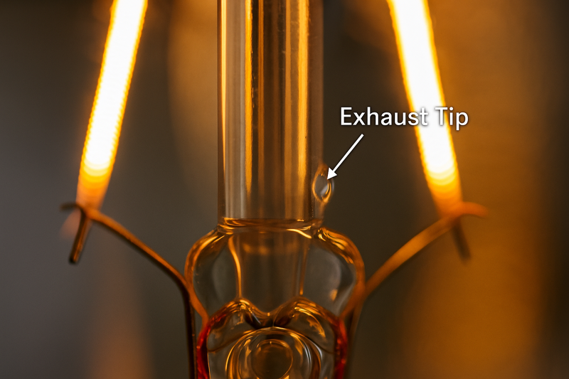 A close-up macro shot of the internal stem of a filament bulb. A small arrow points to the "exhaust tip" on the glass stem, indicating gas filling.