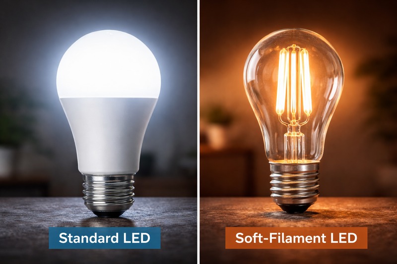 Comparison shot: A harsh, blue-white standard LED bulb next to a warm, glowing soft-filament LED bulb that looks exactly like an antique incandescent.