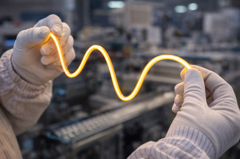 A factory photo showing a worker holding a long, un-coiled flexible filament strip. It is bending in their hand like a piece of cooked spaghetti.